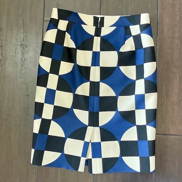 SALE! J. CREW No. 2 Pencil Skirt Black/Blue/Cream Geometric Circle Print: Size 4 - Picture 3 of 9